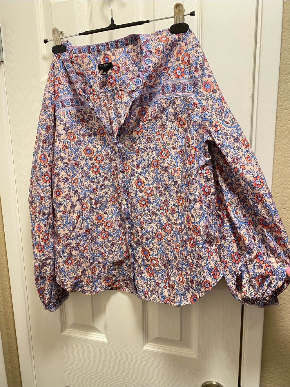 Talbots Floral Button-Front Blouse in Pink, Blue and Cream